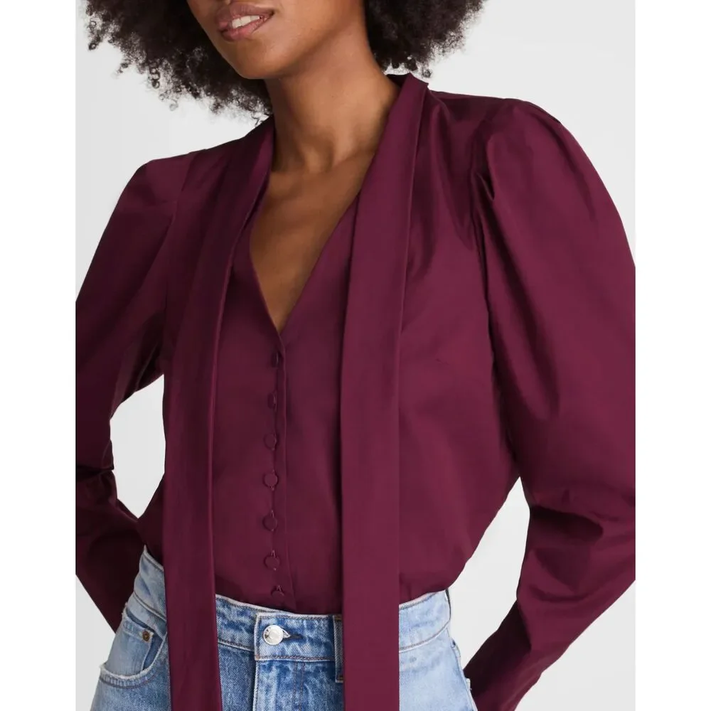 Madewell Dark Pomegranate Cotton Poplin Puff Sleeve Button-Front Tie Top Small